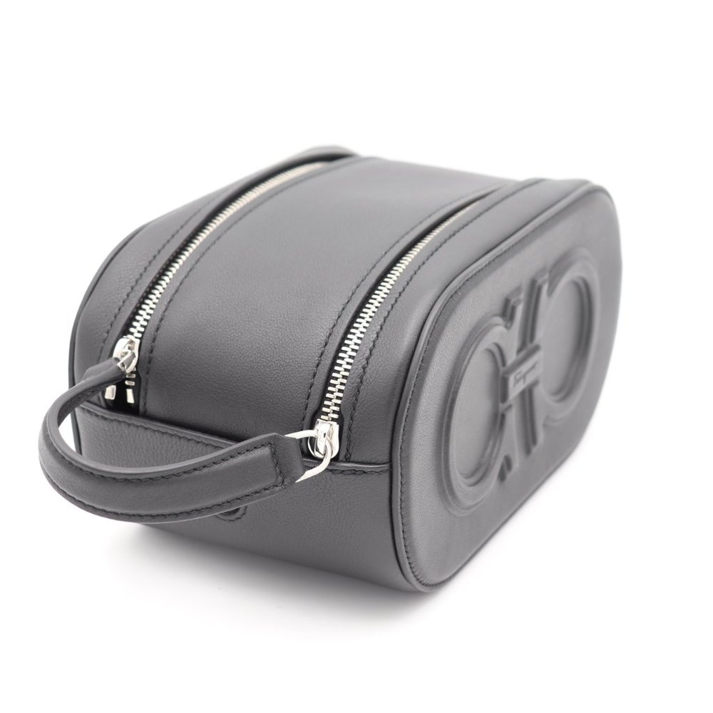 NWT Salvatore Ferragamo Men's Black Leather Double Gancio Dopp Kit Toiletry Bag - Picture 2 of 7